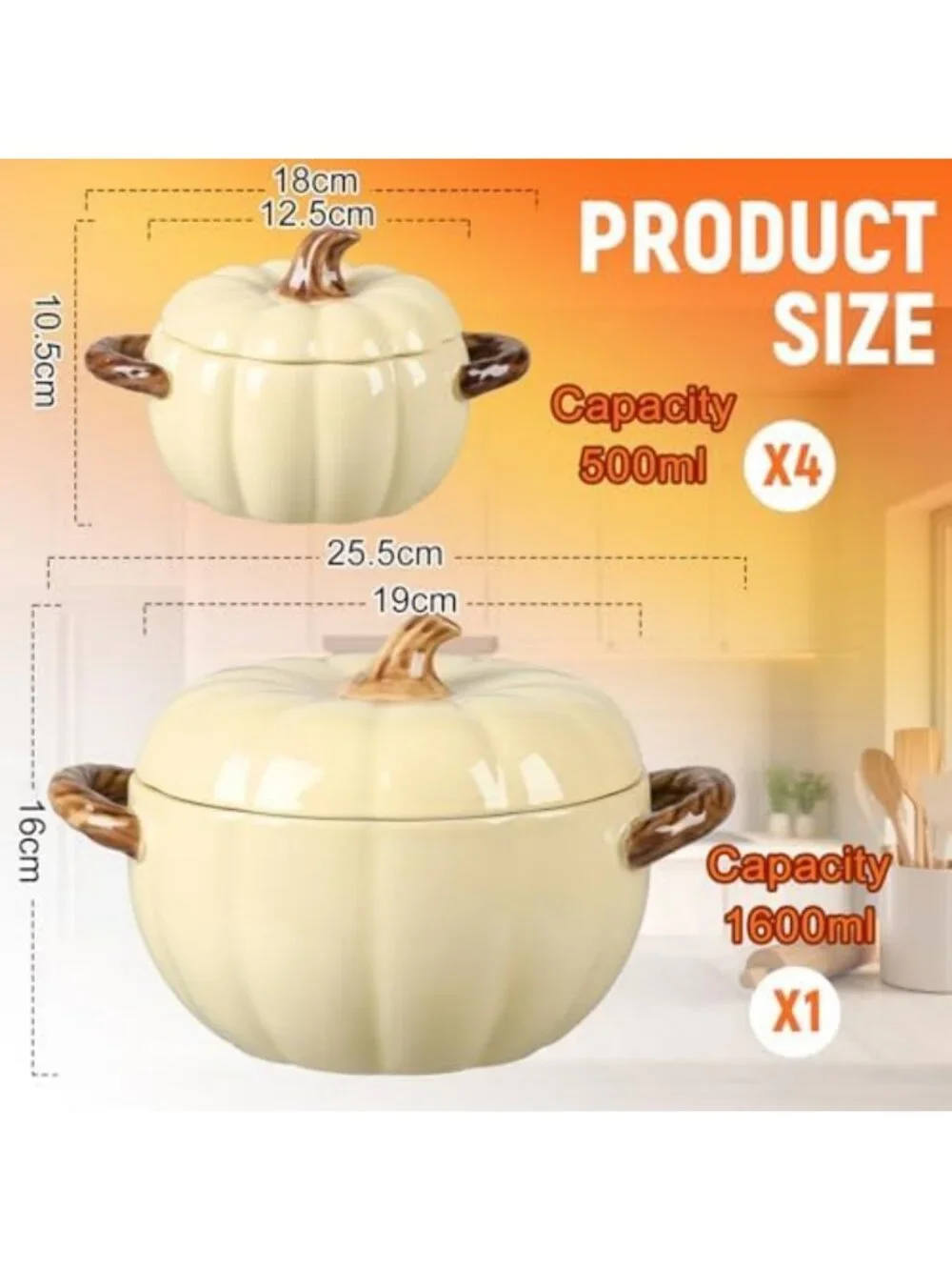 Set of 5 Decorative Ceramic Pumpkin Bowls with Lids & Handles - Cream Yellow